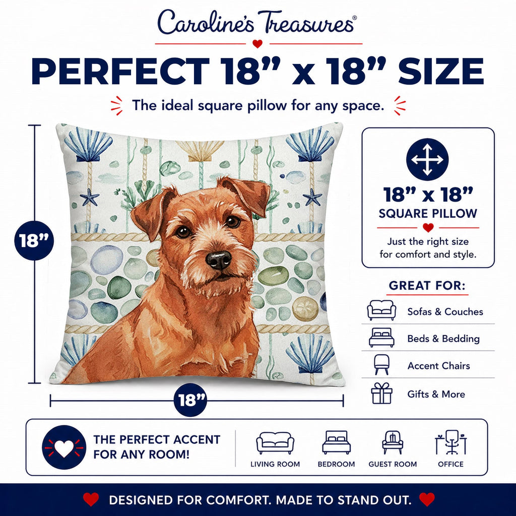 Red Norfolk Terrier Coastal Sea Glass Decorative Throw Pillow 18x18 Indoor Outdoor Accent Cushion, Fabric Cover with Insert for Sofa, Bed, Porch & Living Room