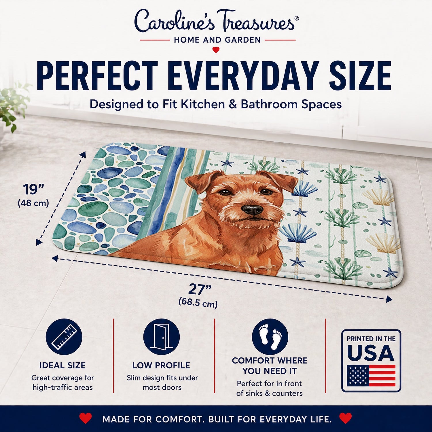 Red Norfolk Terrier Coastal Sea Glass Memory Foam Kitchen Mat Machine Washable Anti-Fatigue Cushion Comfort Bath or Kitchen Rug