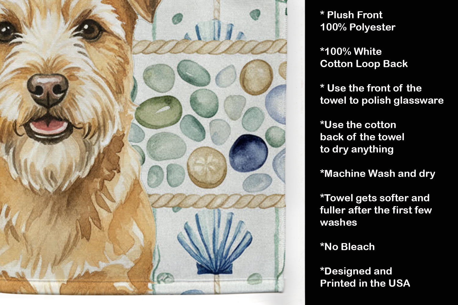 Wheaten Norfolk Terrier Coastal Sea Glass Kitchen Towel Velour Plush Front and Cotton Loop Back Machine Washable