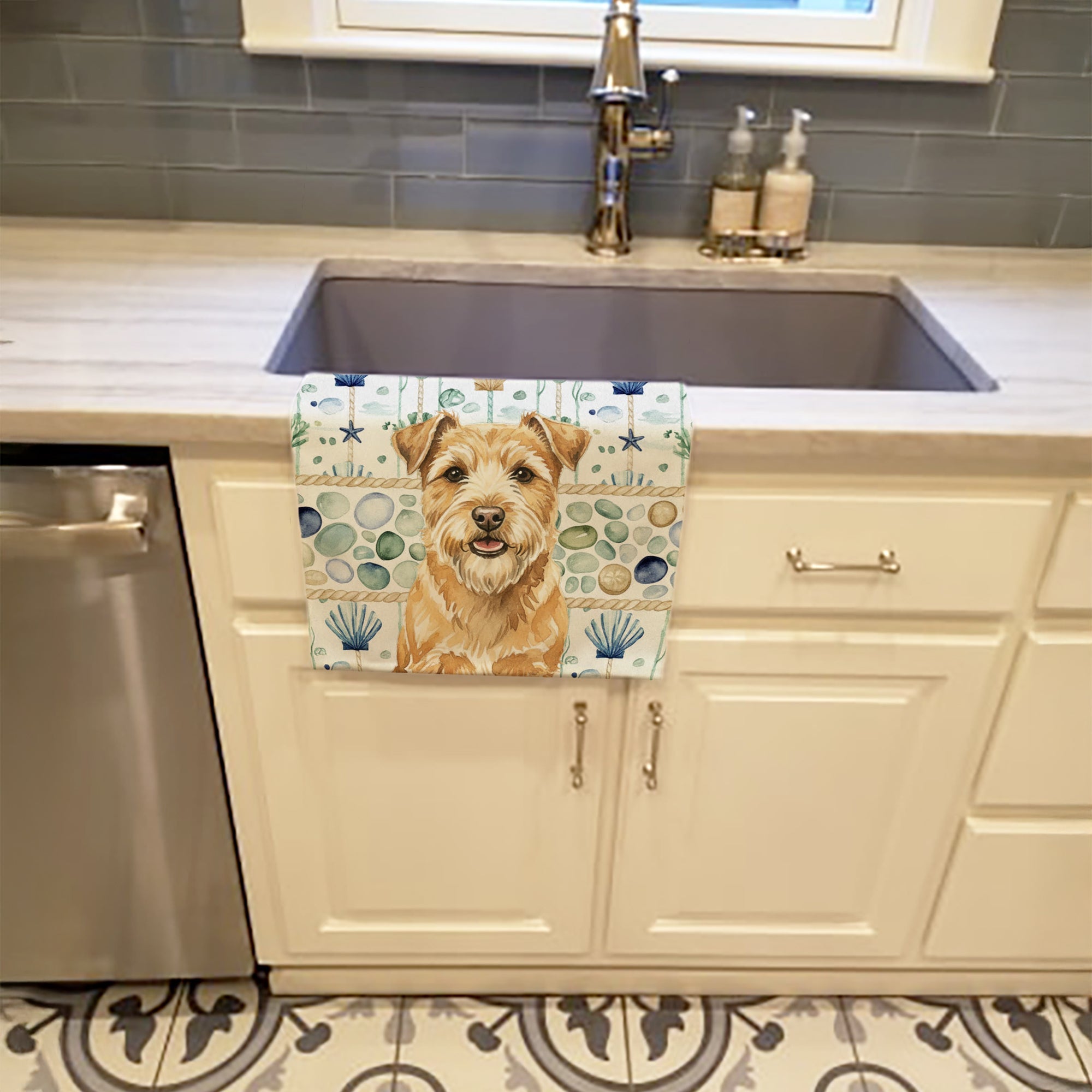 Wheaten Norfolk Terrier Coastal Sea Glass Kitchen Towel Velour Plush Front and Cotton Loop Back Machine Washable