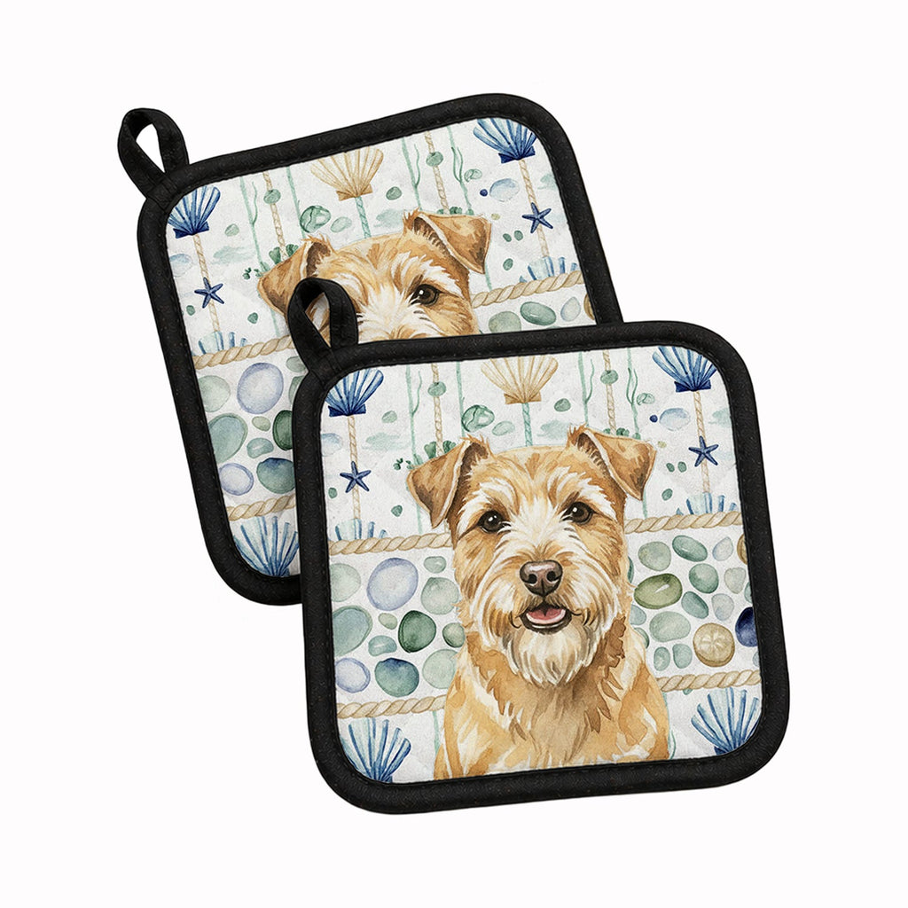 Wheaten Norfolk Terrier Coastal Sea Glass Pot Holder Set of 2 Heat Resistant Quilted Hot Pads 7.5 x 7.5 Inch, Insulated Kitchen Trivets for Cooking & Baking