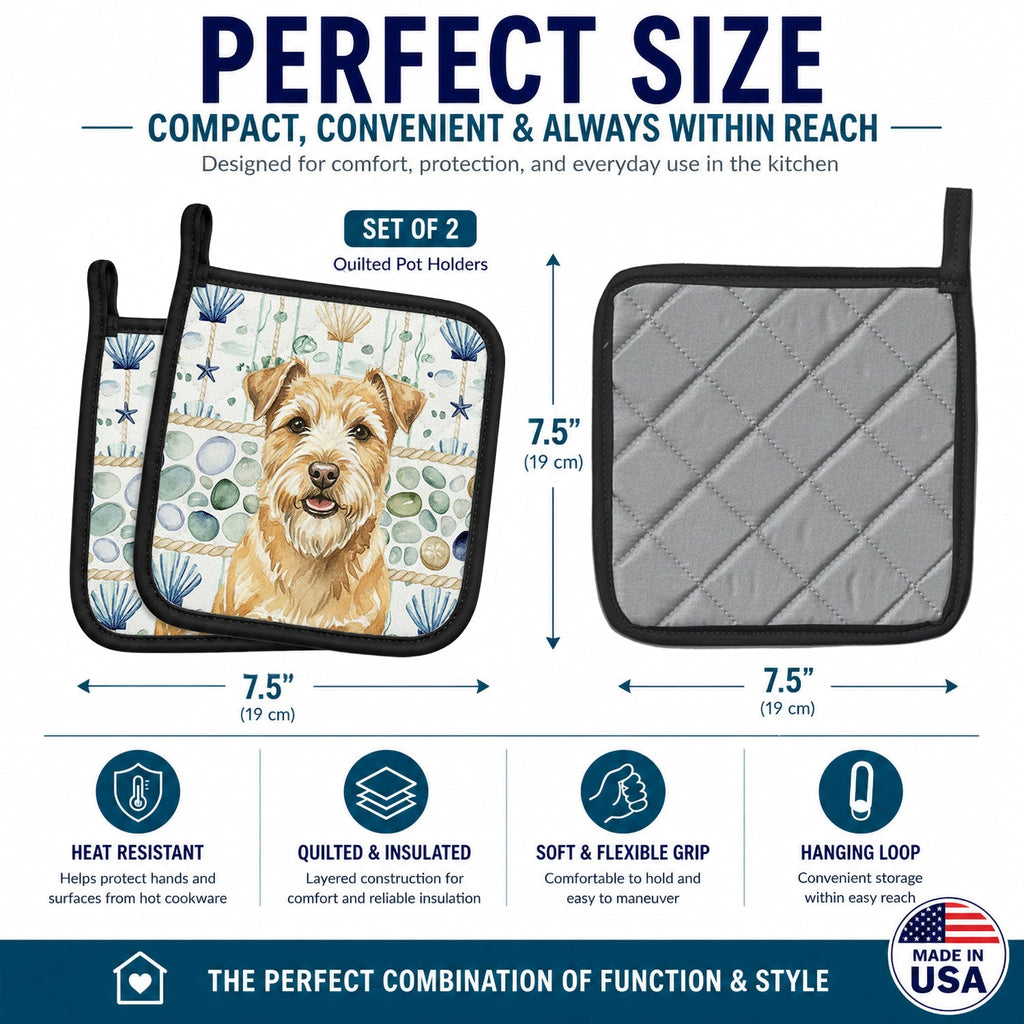 Wheaten Norfolk Terrier Coastal Sea Glass Pot Holder Set of 2 Heat Resistant Quilted Hot Pads 7.5 x 7.5 Inch, Insulated Kitchen Trivets for Cooking & Baking