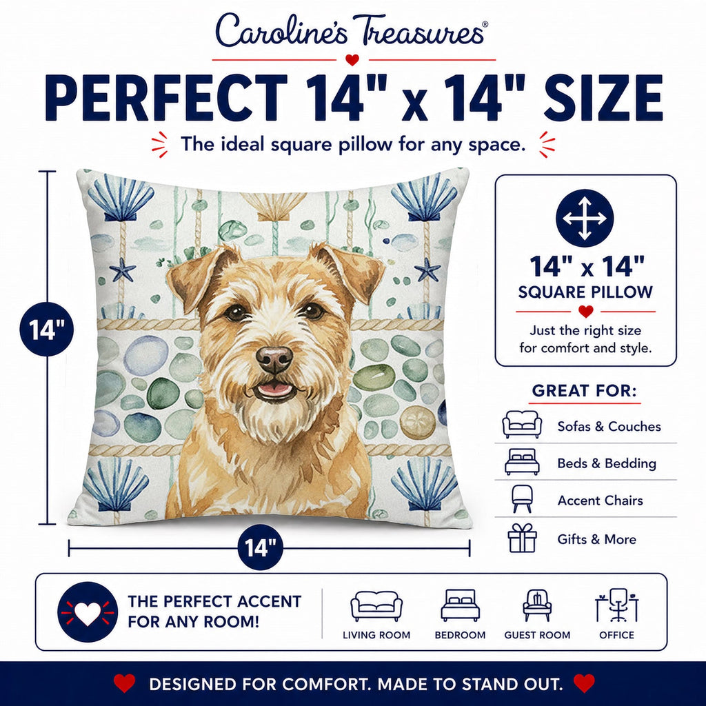 Wheaten Norfolk Terrier Coastal Sea Glass Decorative Throw Pillow 14x14 Indoor Outdoor Accent Cushion, Fabric Cover with Insert for Sofa, Bed, Porch & Living Room