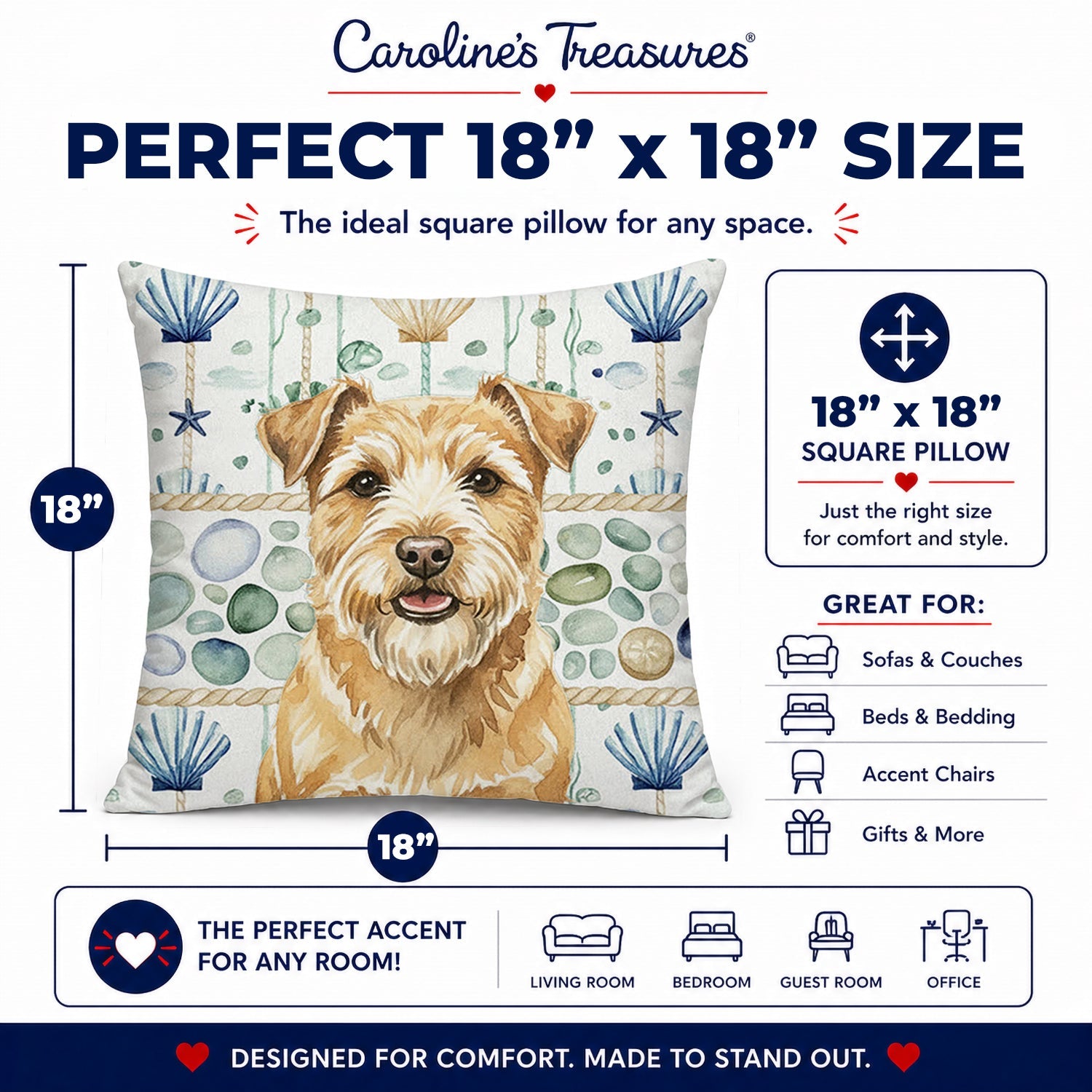 Wheaten Norfolk Terrier Coastal Sea Glass Decorative Throw Pillow 18x18 Indoor Outdoor Accent Cushion, Fabric Cover with Insert for Sofa, Bed, Porch & Living Room