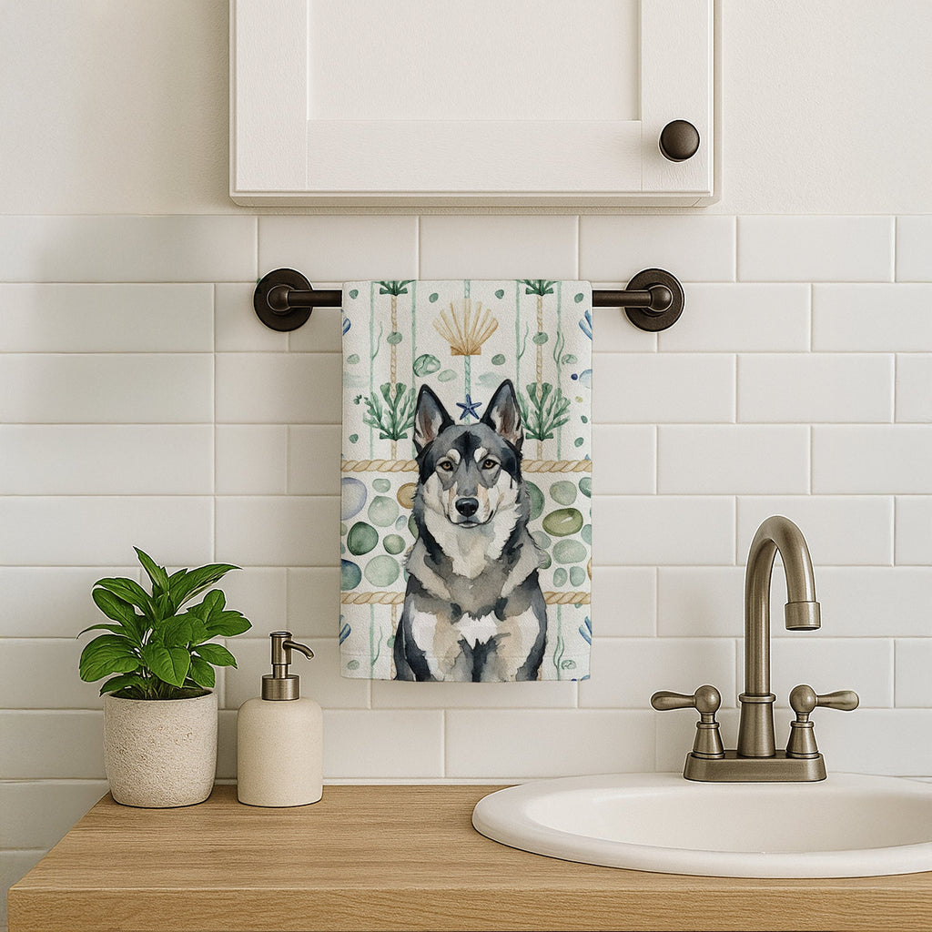 Norwegian Elkhound Coastal Sea Glass Kitchen Towel Velour Plush Front and Cotton Loop Back Machine Washable