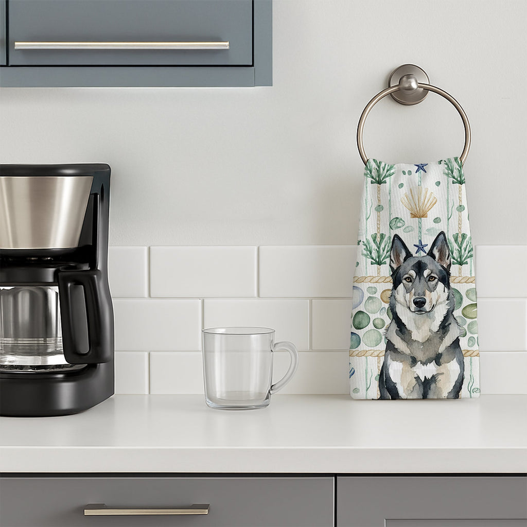 Norwegian Elkhound Coastal Sea Glass Kitchen Towel Velour Plush Front and Cotton Loop Back Machine Washable