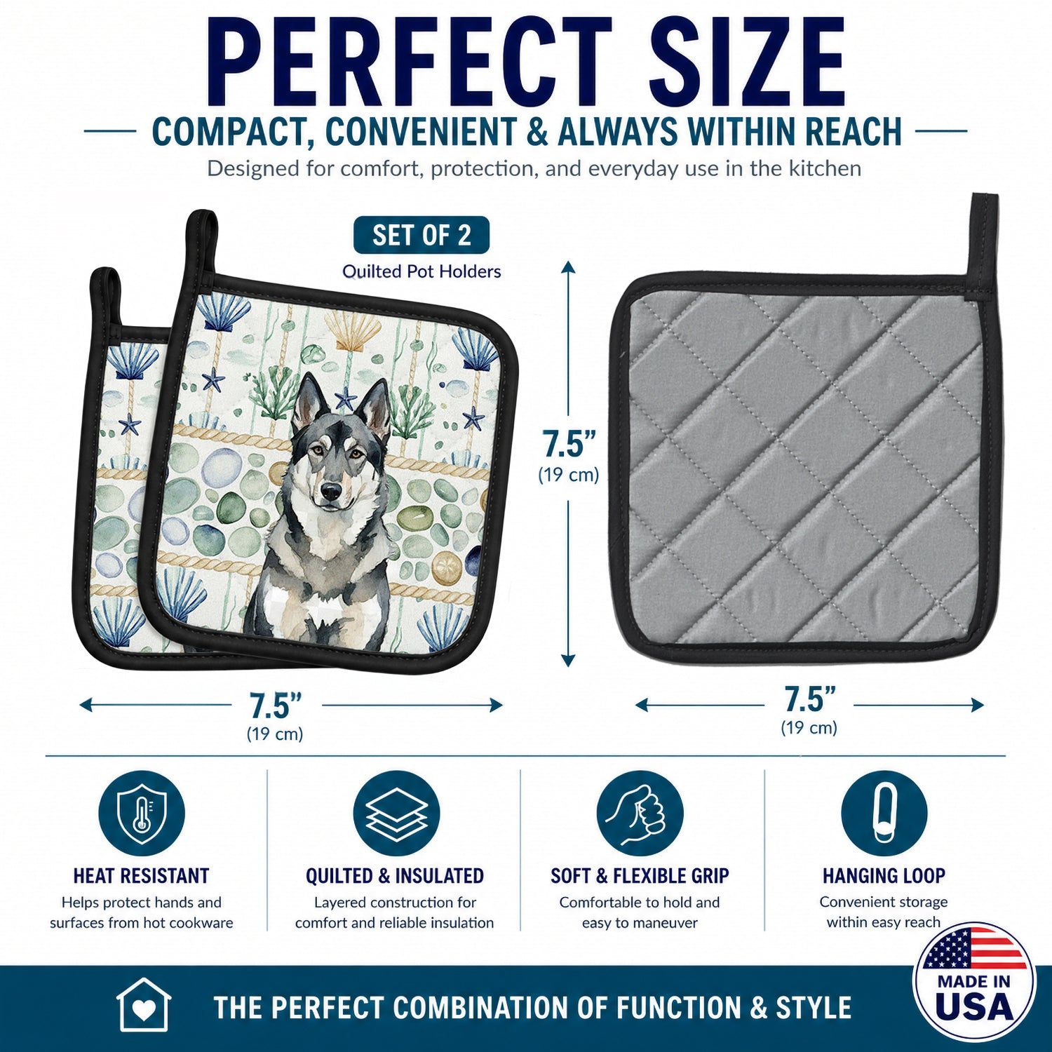 Norwegian Elkhound Coastal Sea Glass Pot Holder Set of 2 Heat Resistant Quilted Hot Pads 7.5 x 7.5 Inch, Insulated Kitchen Trivets for Cooking & Baking