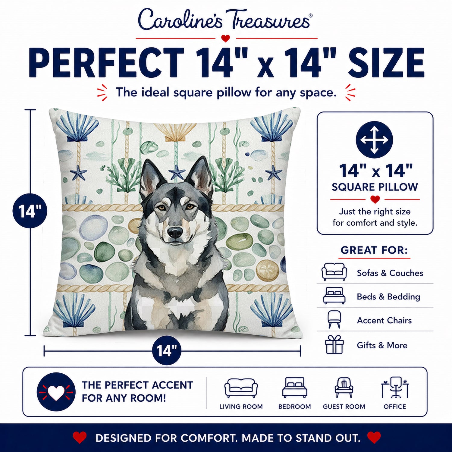 Norwegian Elkhound Coastal Sea Glass Decorative Throw Pillow 14x14 Indoor Outdoor Accent Cushion, Fabric Cover with Insert for Sofa, Bed, Porch & Living Room
