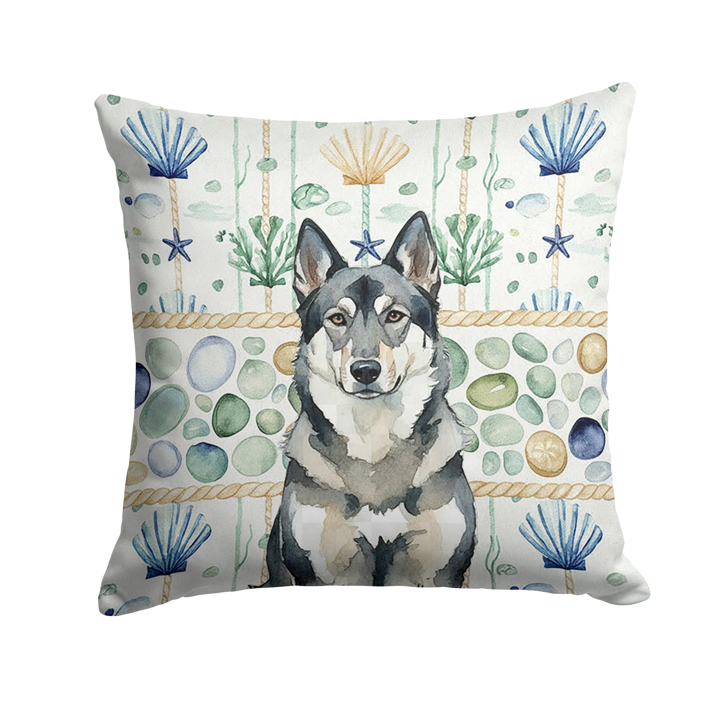 Norwegian Elkhound Coastal Sea Glass Decorative Throw Pillow 14x14 Indoor Outdoor Accent Cushion, Fabric Cover with Insert for Sofa, Bed, Porch & Living Room
