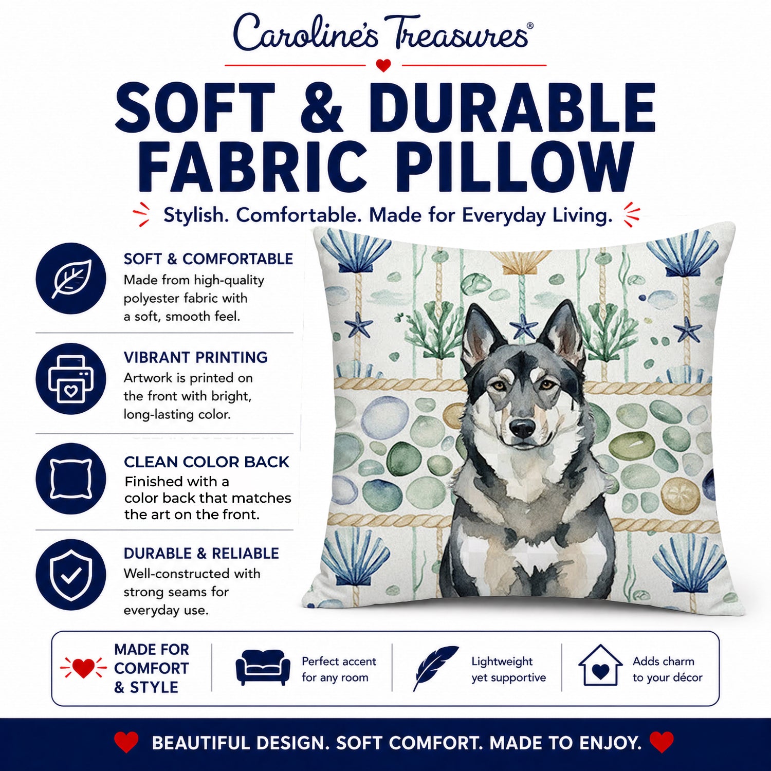 Norwegian Elkhound Coastal Sea Glass Decorative Throw Pillow 18x18 Indoor Outdoor Accent Cushion, Fabric Cover with Insert for Sofa, Bed, Porch & Living Room