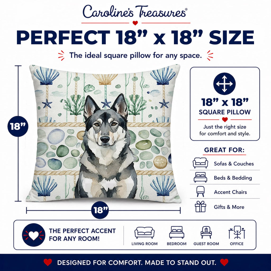 Norwegian Elkhound Coastal Sea Glass Decorative Throw Pillow 18x18 Indoor Outdoor Accent Cushion, Fabric Cover with Insert for Sofa, Bed, Porch & Living Room