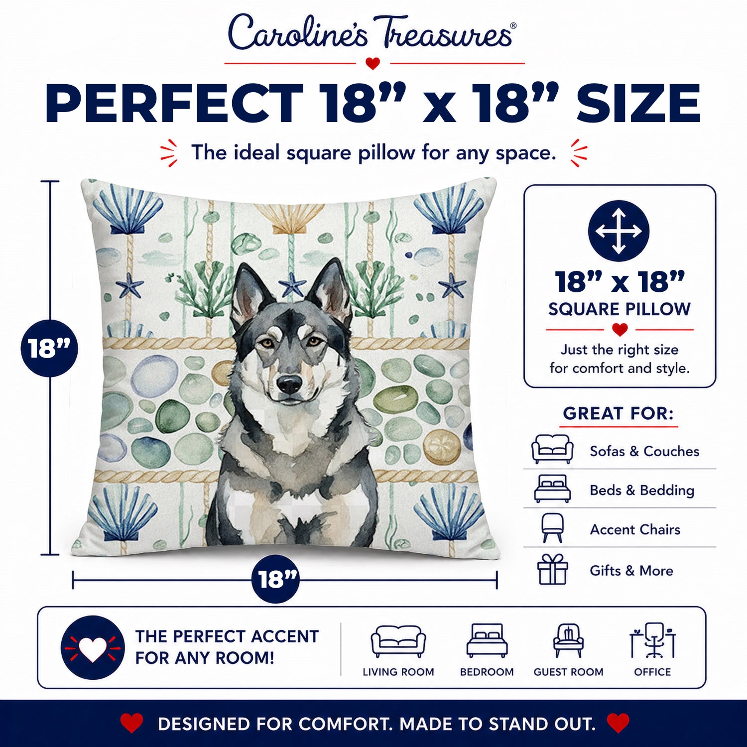 Norwegian Elkhound Coastal Sea Glass Decorative Throw Pillow 18x18 Indoor Outdoor Accent Cushion, Fabric Cover with Insert for Sofa, Bed, Porch & Living Room
