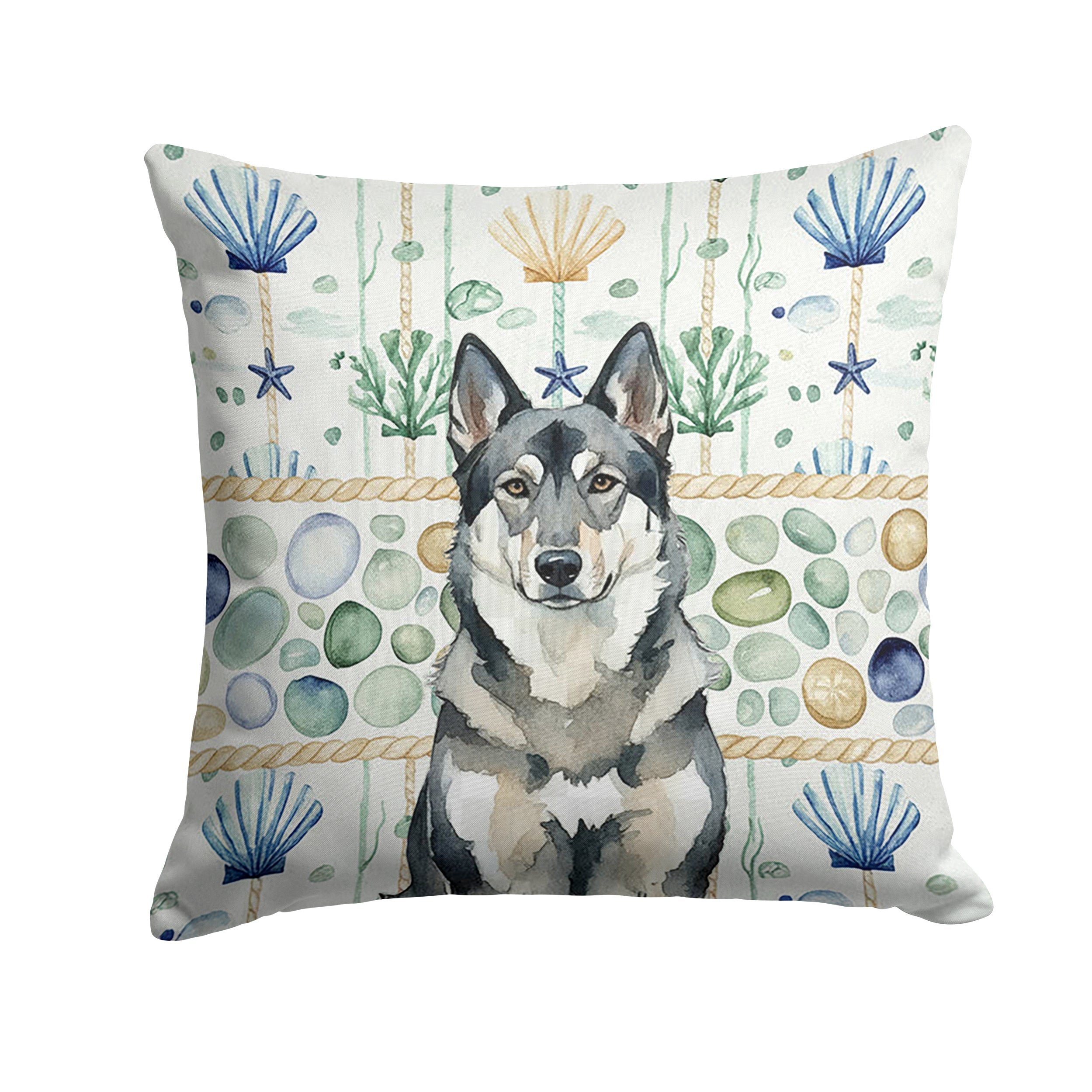 Norwegian Elkhound Coastal Sea Glass Decorative Throw Pillow 18x18 Indoor Outdoor Accent Cushion, Fabric Cover with Insert for Sofa, Bed, Porch & Living Room