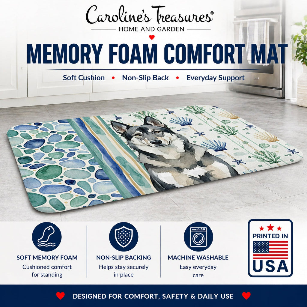 Norwegian Elkhound Coastal Sea Glass Memory Foam Kitchen Mat Machine Washable Anti-Fatigue Cushion Comfort Bath or Kitchen Rug