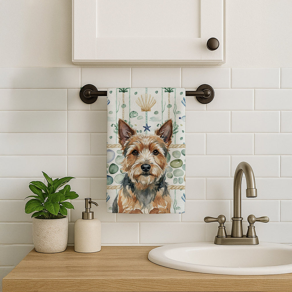 Norwich Terrier Coastal Sea Glass Kitchen Towel Velour Plush Front and Cotton Loop Back Machine Washable
