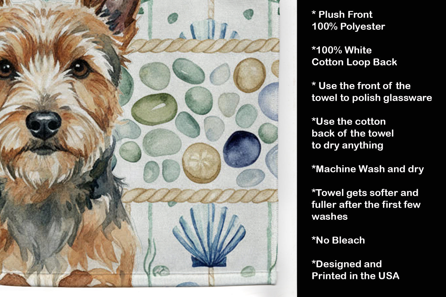 Norwich Terrier Coastal Sea Glass Kitchen Towel Velour Plush Front and Cotton Loop Back Machine Washable