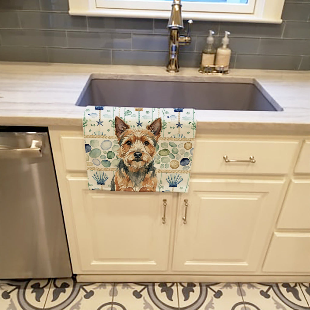 Norwich Terrier Coastal Sea Glass Kitchen Towel Velour Plush Front and Cotton Loop Back Machine Washable