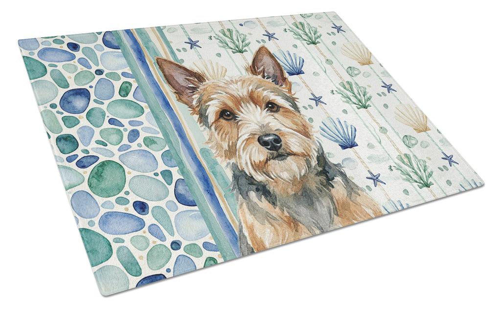 Norwich Terrier Coastal Sea Glass Cutting Board Tempered Glass Kitchen Cutting Surface, Heat Resistant Chopping, Non-Slip Feet, Food Prep & Serving