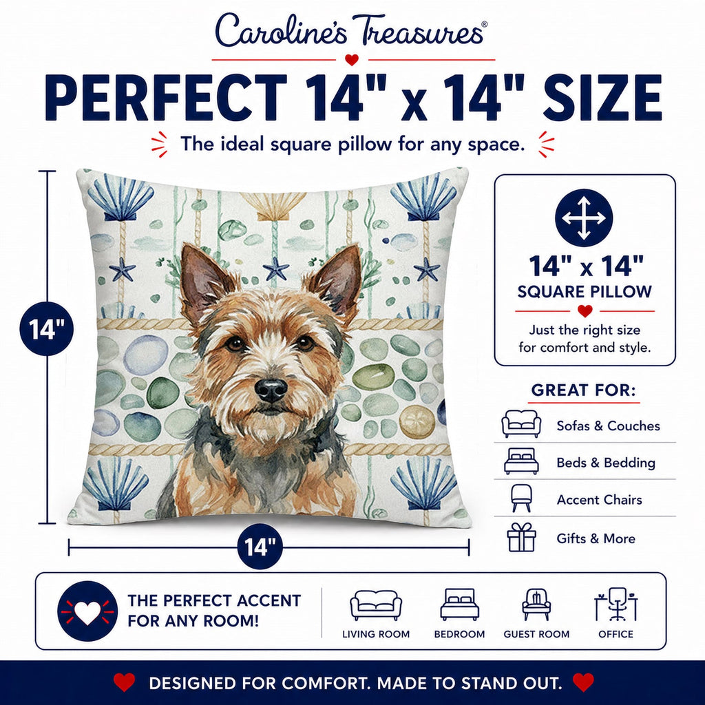 Norwich Terrier Coastal Sea Glass Decorative Throw Pillow 14x14 Indoor Outdoor Accent Cushion, Fabric Cover with Insert for Sofa, Bed, Porch & Living Room