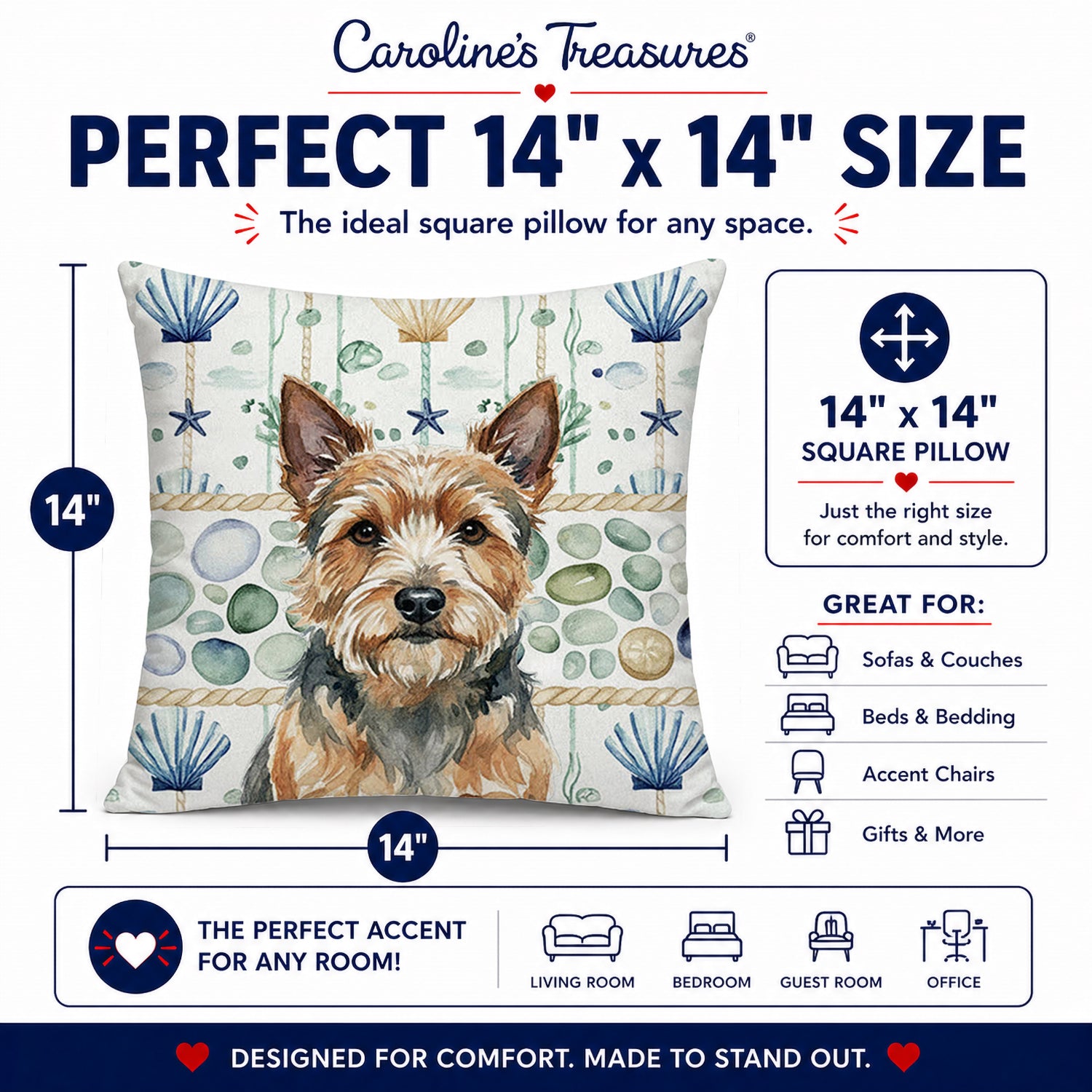 Norwich Terrier Coastal Sea Glass Decorative Throw Pillow 14x14 Indoor Outdoor Accent Cushion, Fabric Cover with Insert for Sofa, Bed, Porch & Living Room