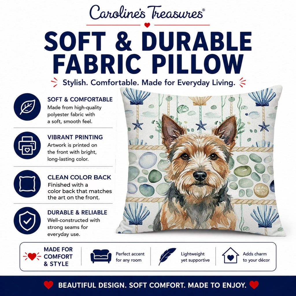 Norwich Terrier Coastal Sea Glass Decorative Throw Pillow 18x18 Indoor Outdoor Accent Cushion, Fabric Cover with Insert for Sofa, Bed, Porch & Living Room