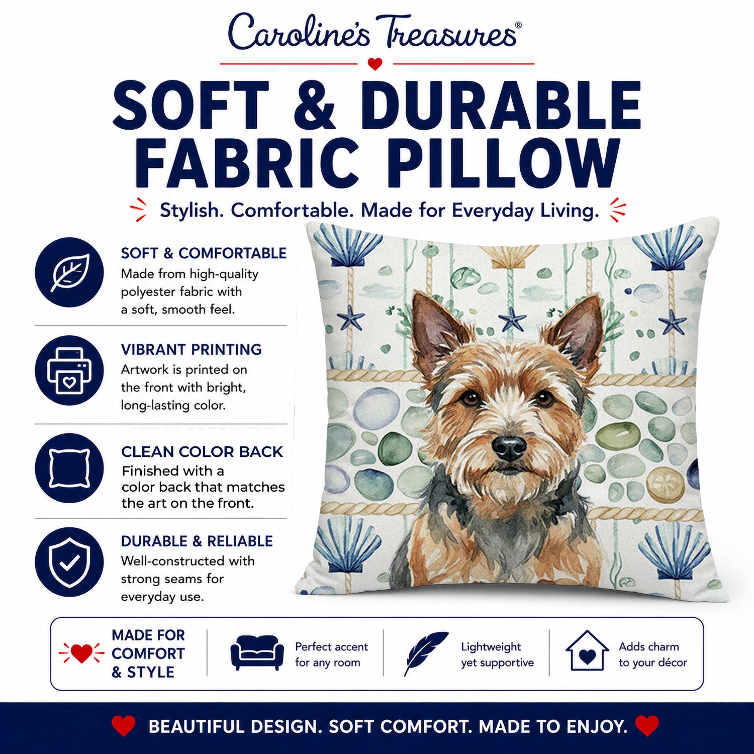 Norwich Terrier Coastal Sea Glass Decorative Throw Pillow 18x18 Indoor Outdoor Accent Cushion, Fabric Cover with Insert for Sofa, Bed, Porch & Living Room