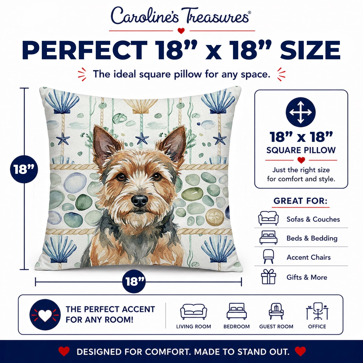 Norwich Terrier Coastal Sea Glass Decorative Throw Pillow 18x18 Indoor Outdoor Accent Cushion, Fabric Cover with Insert for Sofa, Bed, Porch & Living Room