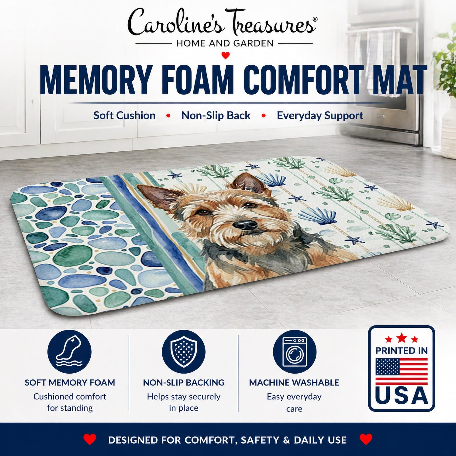 Norwich Terrier Coastal Sea Glass Memory Foam Kitchen Mat Machine Washable Anti-Fatigue Cushion Comfort Bath or Kitchen Rug