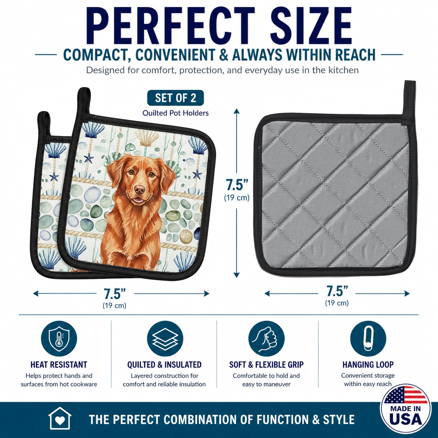 Copper Nova Scotia Duck Tolling Retriever Coastal Sea Glass Pot Holder Set of 2 Heat Resistant Quilted Hot Pads 7.5 x 7.5 Inch, Insulated Kitchen Trivets for Cooking & Baking