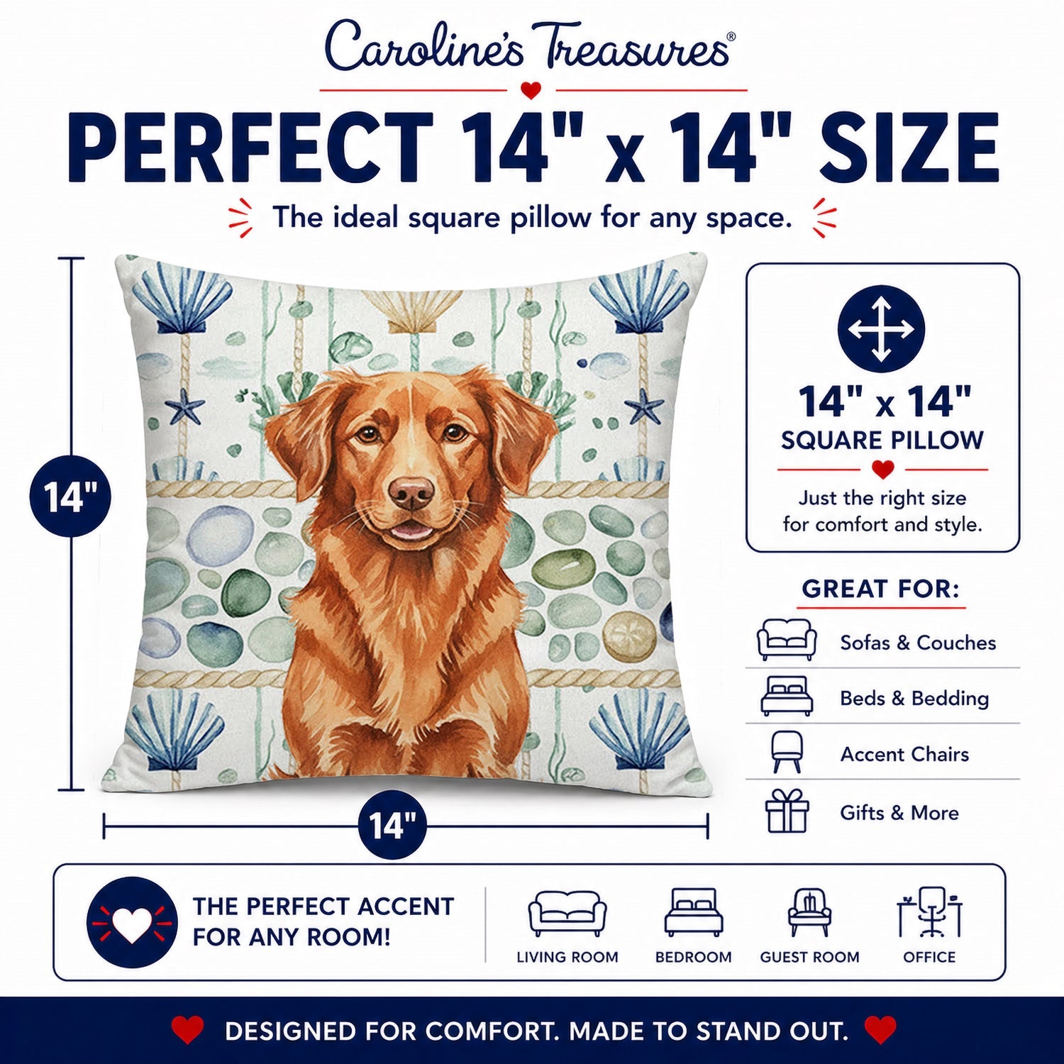 Copper Nova Scotia Duck Tolling Retriever Coastal Sea Glass Decorative Throw Pillow 14x14 Indoor Outdoor Accent Cushion, Fabric Cover with Insert for Sofa, Bed, Porch & Living Room