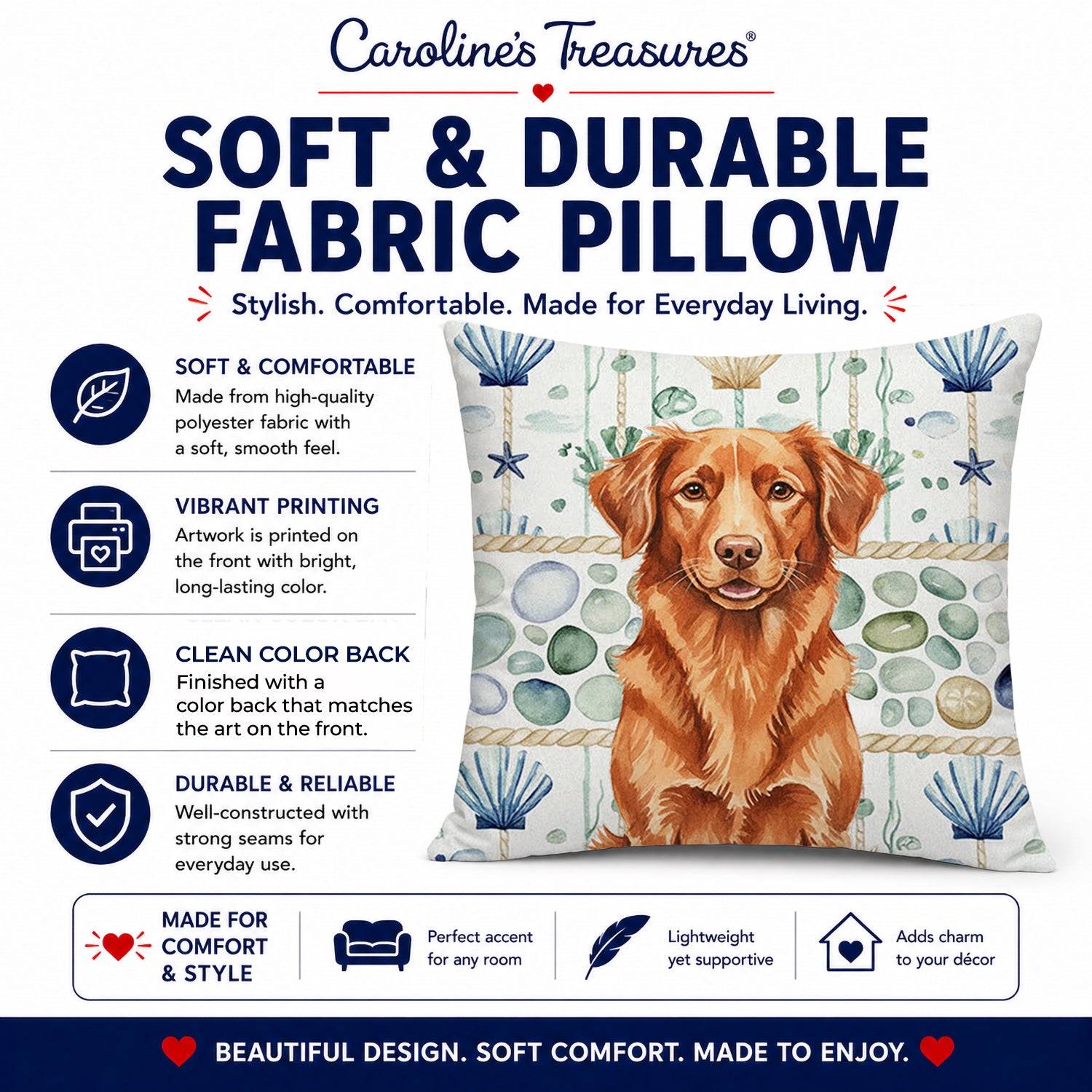 Copper Nova Scotia Duck Tolling Retriever Coastal Sea Glass Decorative Throw Pillow 18x18 Indoor Outdoor Accent Cushion, Fabric Cover with Insert for Sofa, Bed, Porch & Living Room
