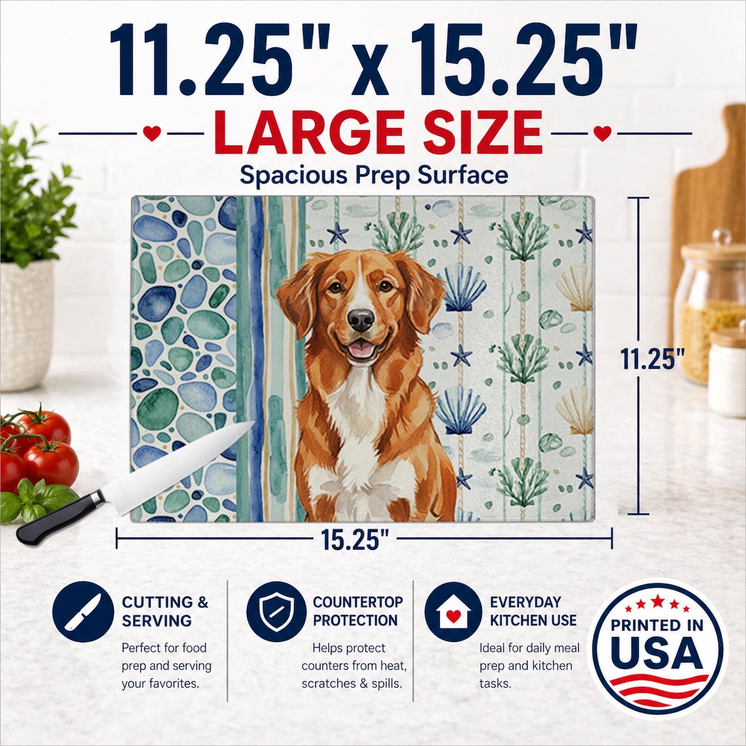 Orange Nova Scotia Duck Tolling Retriever Coastal Sea Glass Cutting Board Tempered Glass Kitchen Cutting Surface, Heat Resistant Chopping, Non-Slip Feet, Food Prep & Serving