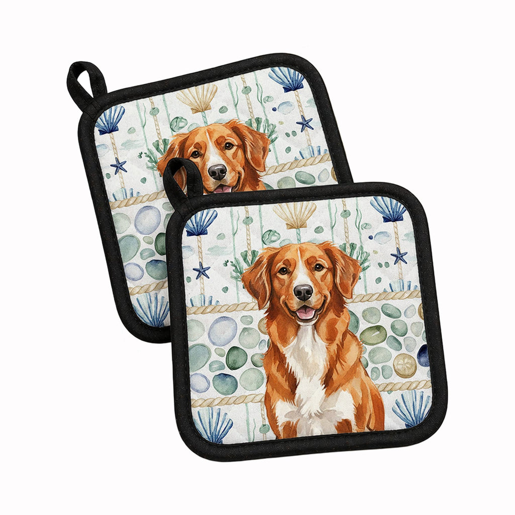 Orange Nova Scotia Duck Tolling Retriever Coastal Sea Glass Pot Holder Set of 2 Heat Resistant Quilted Hot Pads 7.5 x 7.5 Inch, Insulated Kitchen Trivets for Cooking & Baking