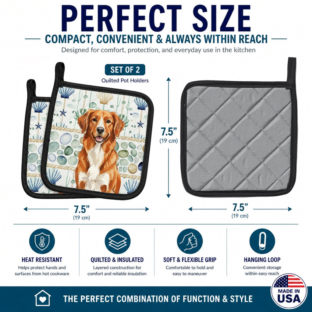 Orange Nova Scotia Duck Tolling Retriever Coastal Sea Glass Pot Holder Set of 2 Heat Resistant Quilted Hot Pads 7.5 x 7.5 Inch, Insulated Kitchen Trivets for Cooking & Baking