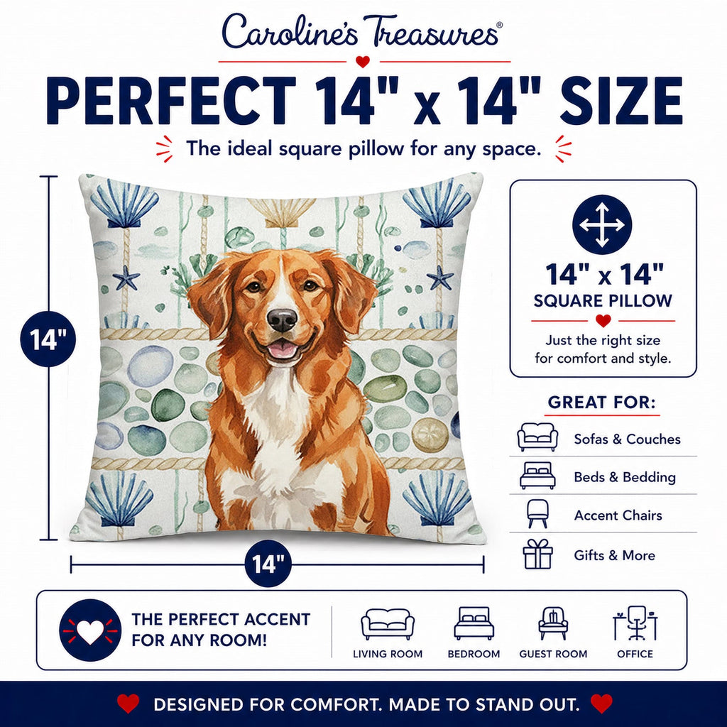 Orange Nova Scotia Duck Tolling Retriever Coastal Sea Glass Decorative Throw Pillow 14x14 Indoor Outdoor Accent Cushion, Fabric Cover with Insert for Sofa, Bed, Porch & Living Room