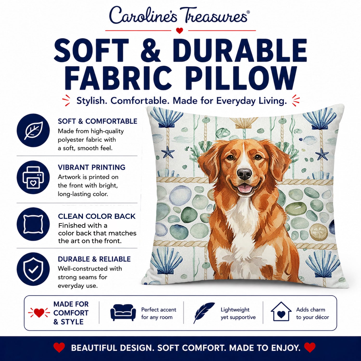 Orange Nova Scotia Duck Tolling Retriever Coastal Sea Glass Decorative Throw Pillow 18x18 Indoor Outdoor Accent Cushion, Fabric Cover with Insert for Sofa, Bed, Porch & Living Room