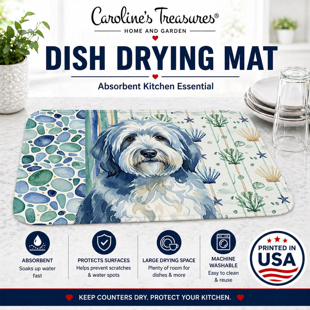 Blue and White Old English Sheepdog Coastal Sea Glass Dish Drying Mat Absorbent Dish Drying Mat Pad for Kitchen Counter Dish Drainer Mat for Countertop, 14 x 21", Multicolor