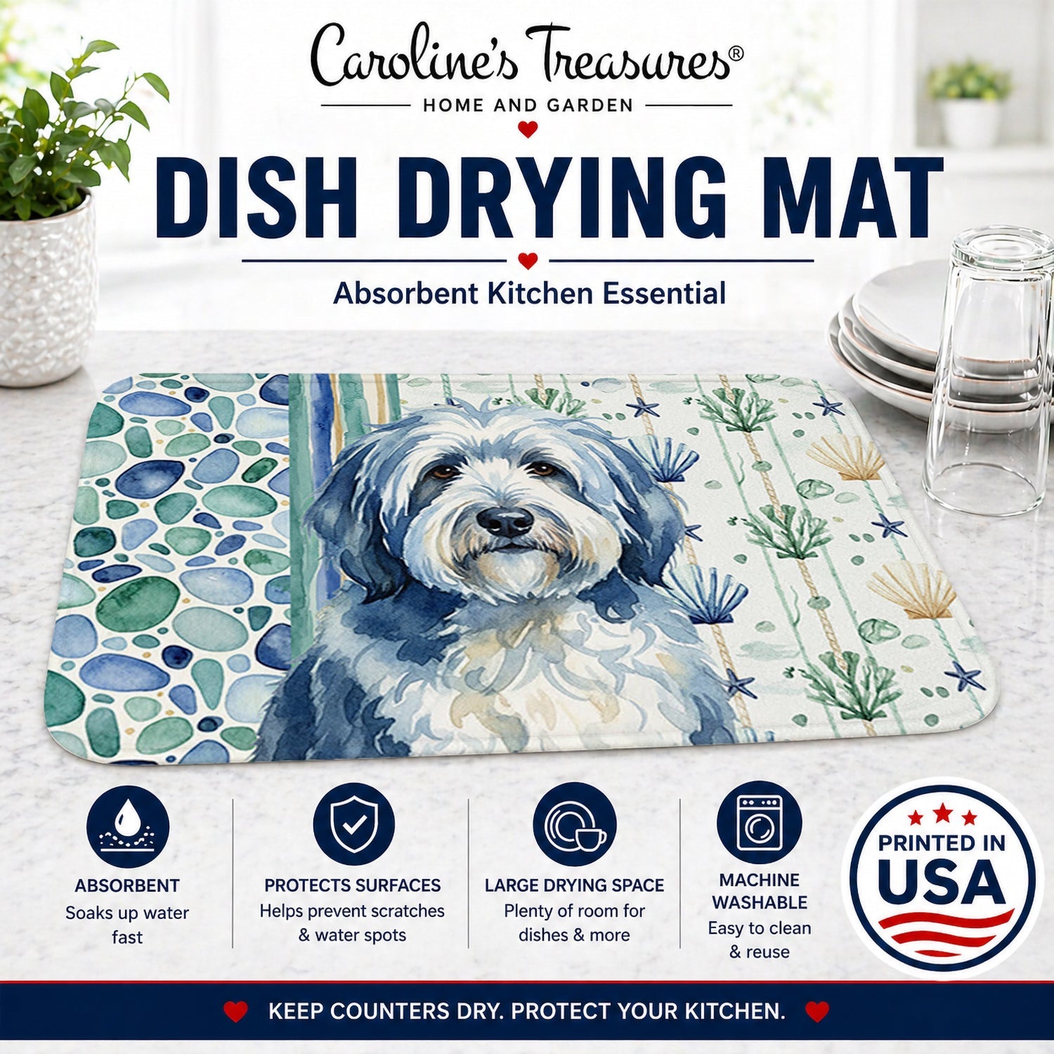 Blue and White Old English Sheepdog Coastal Sea Glass Dish Drying Mat Absorbent Dish Drying Mat Pad for Kitchen Counter Dish Drainer Mat for Countertop, 14 x 21", Multicolor