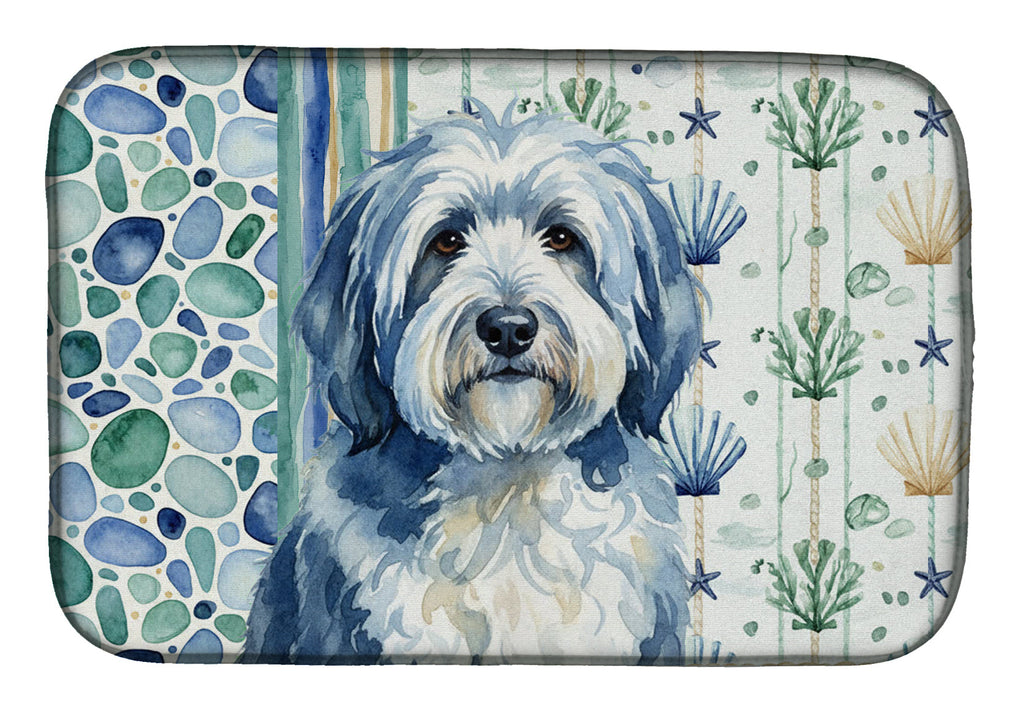 Blue and White Old English Sheepdog Coastal Sea Glass Dish Drying Mat Absorbent Dish Drying Mat Pad for Kitchen Counter Dish Drainer Mat for Countertop, 14 x 21", Multicolor