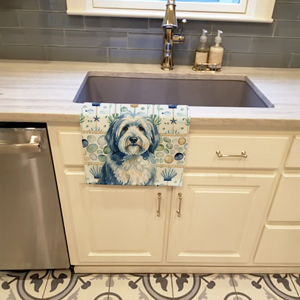 Blue and White Old English Sheepdog Coastal Sea Glass Kitchen Towel Velour Plush Front and Cotton Loop Back Machine Washable