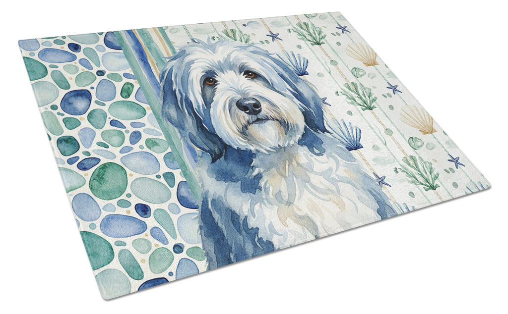 Blue and White Old English Sheepdog Coastal Sea Glass Cutting Board Tempered Glass Kitchen Cutting Surface, Heat Resistant Chopping, Non-Slip Feet, Food Prep & Serving