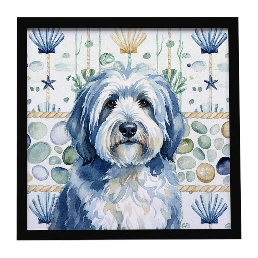 Blue and White Old English Sheepdog Coastal Sea Glass Framed Metal Print Bathroom, Kitchen, Office, Home Decor Wall Art Ready to Hang, Square, 8X8