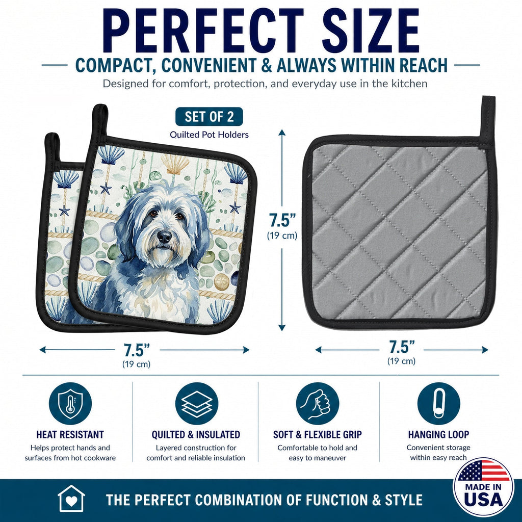 Blue and White Old English Sheepdog Coastal Sea Glass Pot Holder Set of 2 Heat Resistant Quilted Hot Pads 7.5 x 7.5 Inch, Insulated Kitchen Trivets for Cooking & Baking