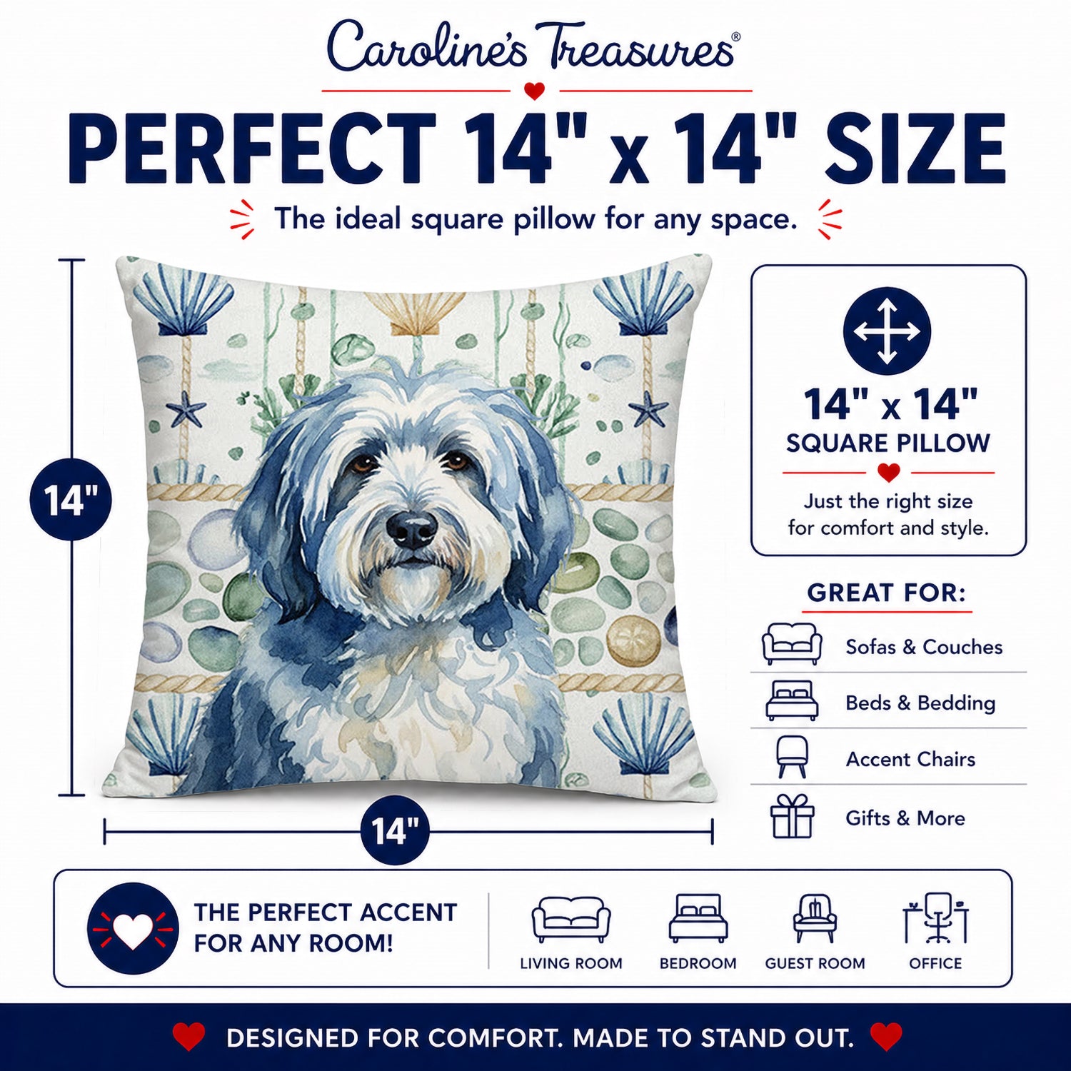 Blue and White Old English Sheepdog Coastal Sea Glass Decorative Throw Pillow 14x14 Indoor Outdoor Accent Cushion, Fabric Cover with Insert for Sofa, Bed, Porch & Living Room