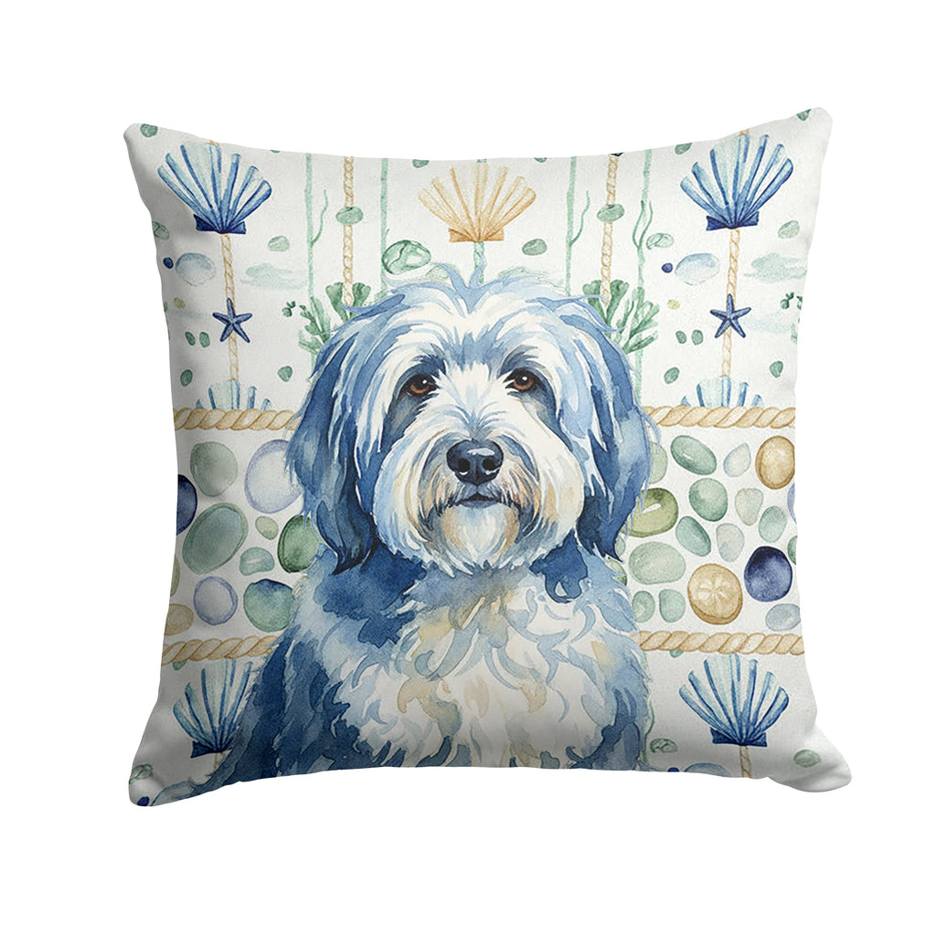 Blue and White Old English Sheepdog Coastal Sea Glass Decorative Throw Pillow 14x14 Indoor Outdoor Accent Cushion, Fabric Cover with Insert for Sofa, Bed, Porch & Living Room