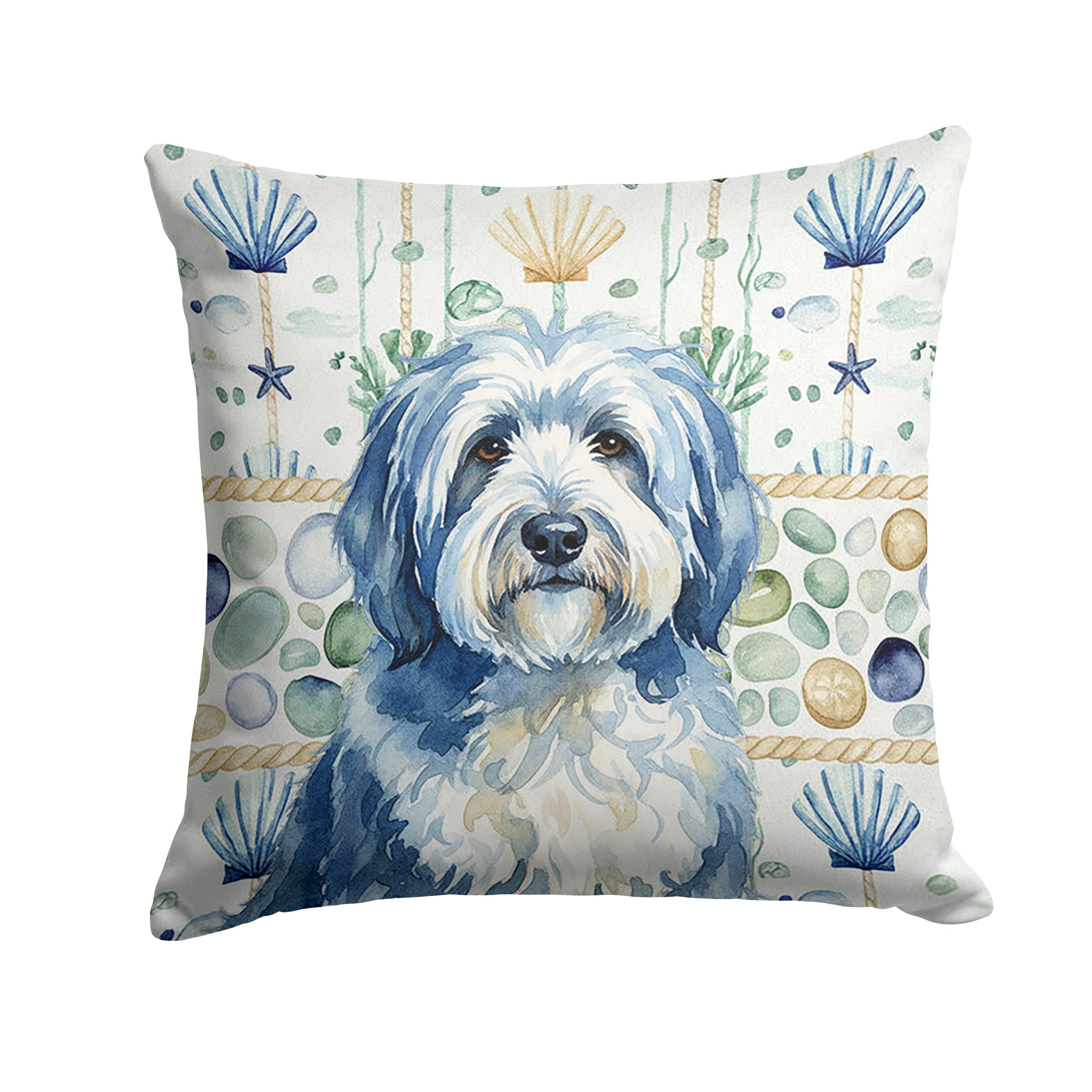 Blue and White Old English Sheepdog Coastal Sea Glass Decorative Throw Pillow 14x14 Indoor Outdoor Accent Cushion, Fabric Cover with Insert for Sofa, Bed, Porch & Living Room