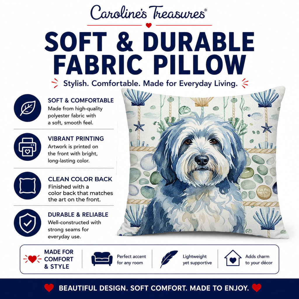 Blue and White Old English Sheepdog Coastal Sea Glass Decorative Throw Pillow 18x18 Indoor Outdoor Accent Cushion, Fabric Cover with Insert for Sofa, Bed, Porch & Living Room