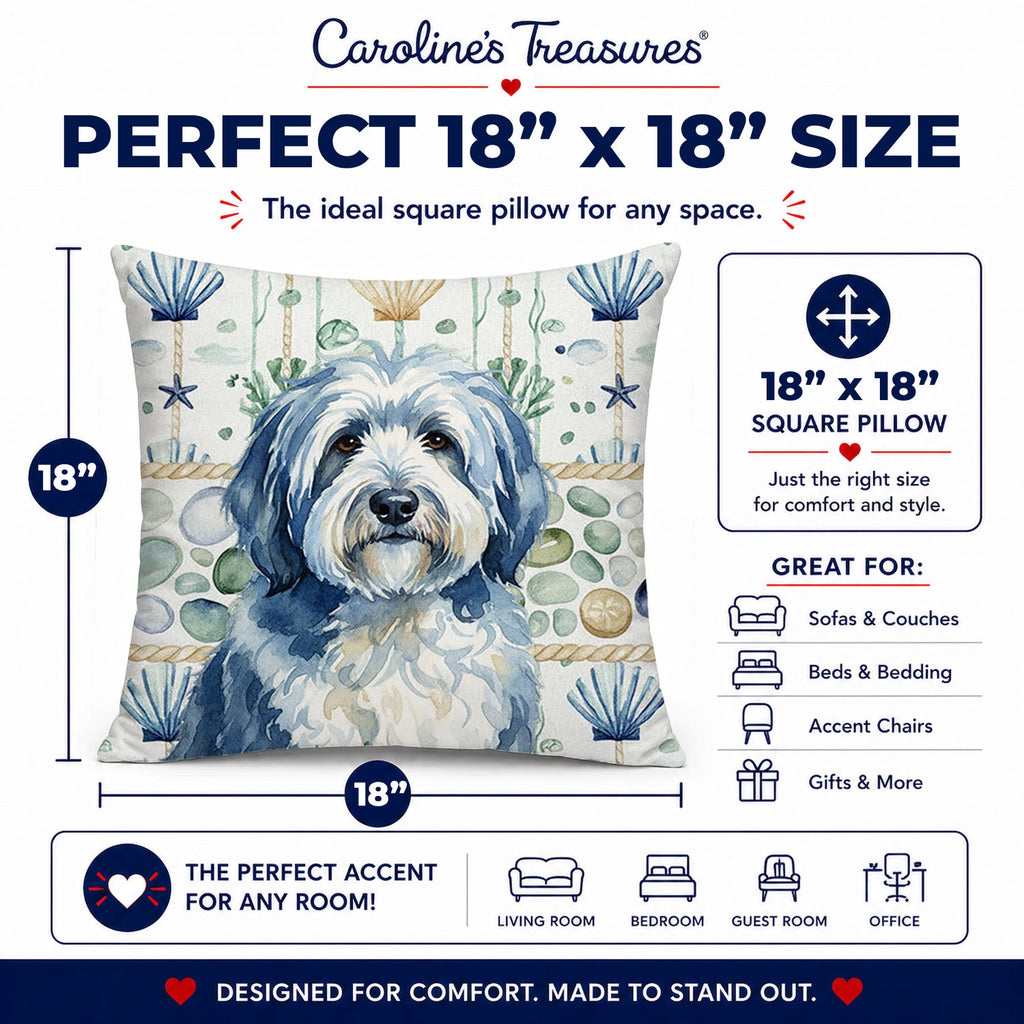 Blue and White Old English Sheepdog Coastal Sea Glass Decorative Throw Pillow 18x18 Indoor Outdoor Accent Cushion, Fabric Cover with Insert for Sofa, Bed, Porch & Living Room