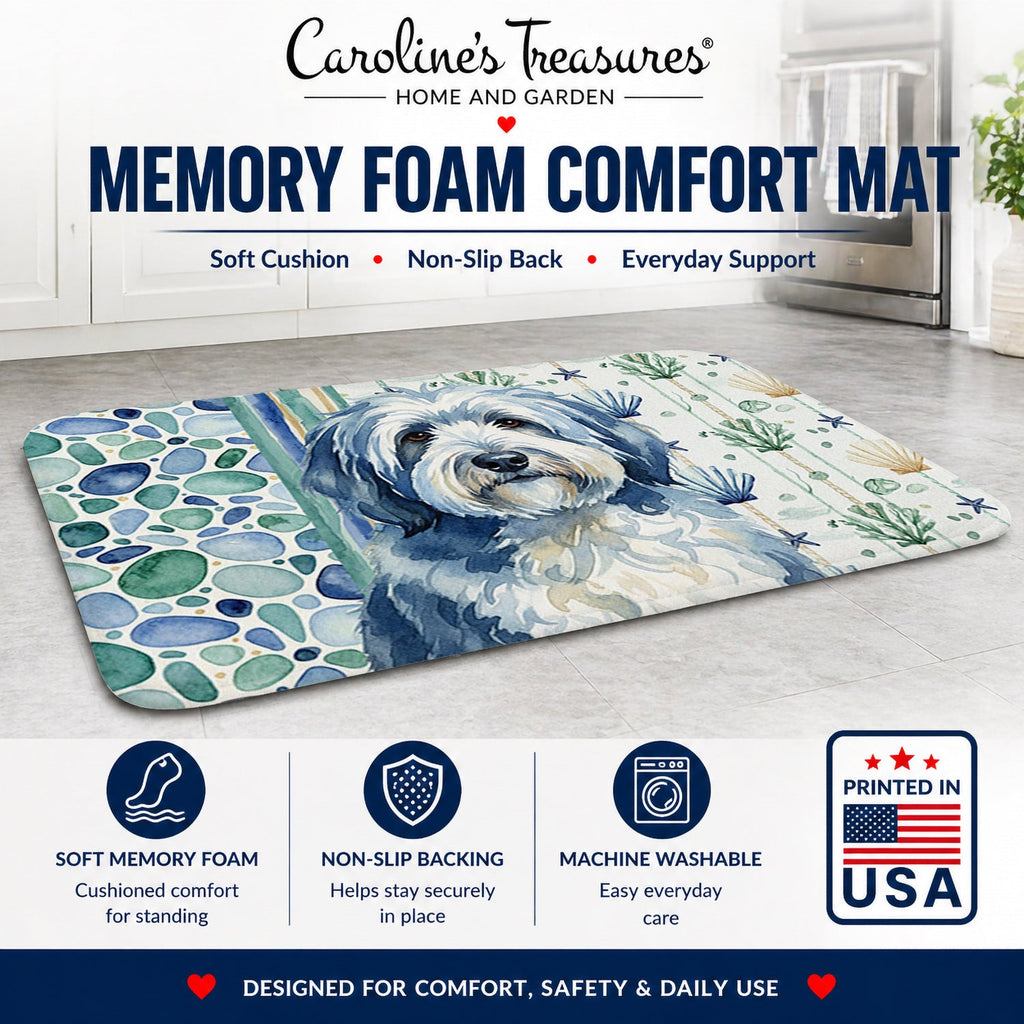 Blue and White Old English Sheepdog Coastal Sea Glass Memory Foam Kitchen Mat Machine Washable Anti-Fatigue Cushion Comfort Bath or Kitchen Rug