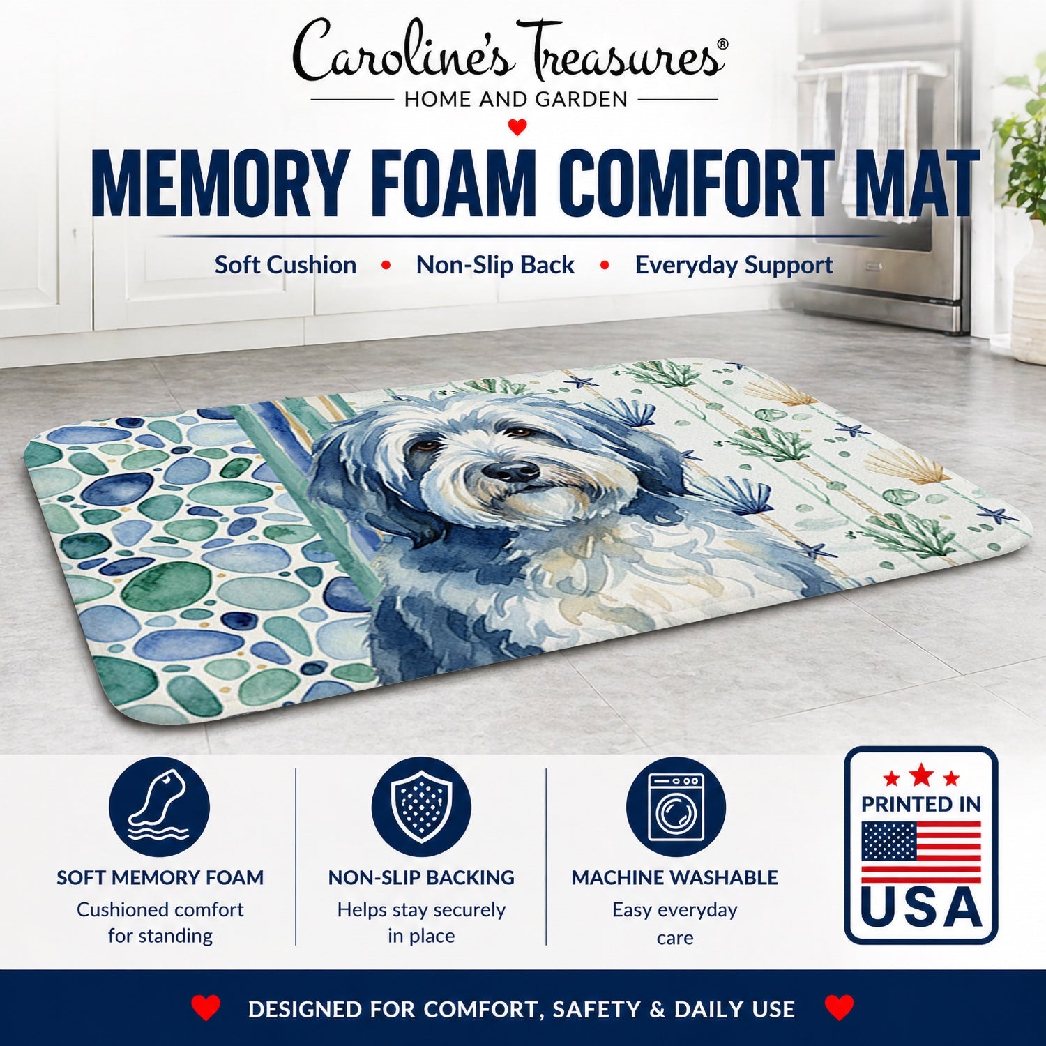 Blue and White Old English Sheepdog Coastal Sea Glass Memory Foam Kitchen Mat Machine Washable Anti-Fatigue Cushion Comfort Bath or Kitchen Rug